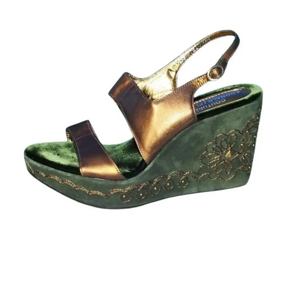 Donald Pliner Metallic Leather Shoe Platform Wedge Suede Embroidery $275 NIB 11